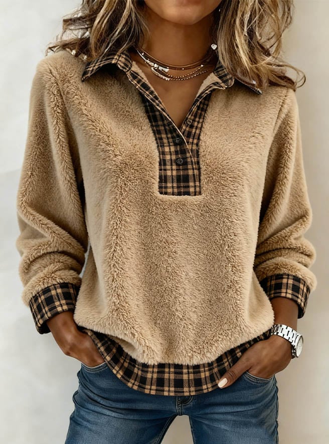 Christine | Cozy Faux Sherpa Plaid Top