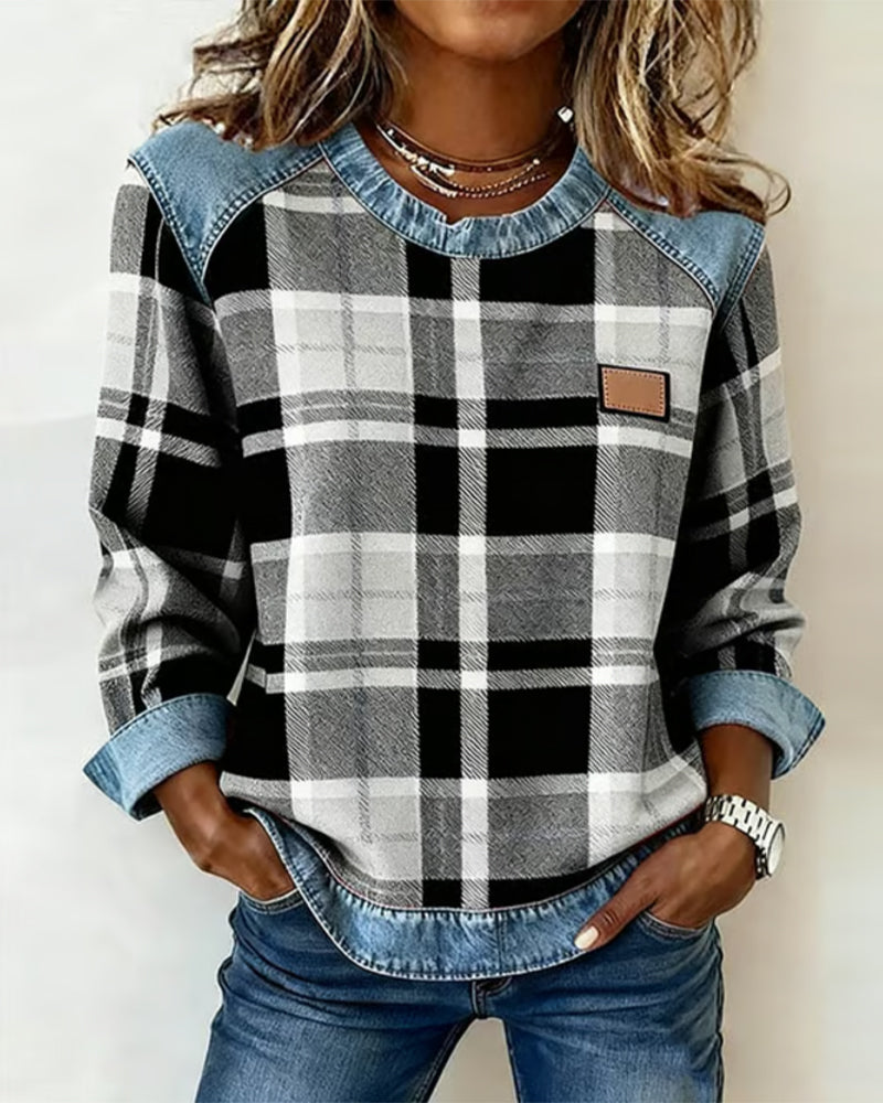 Nina | Fashionable Sweatshirt with Checkered Patchwork
